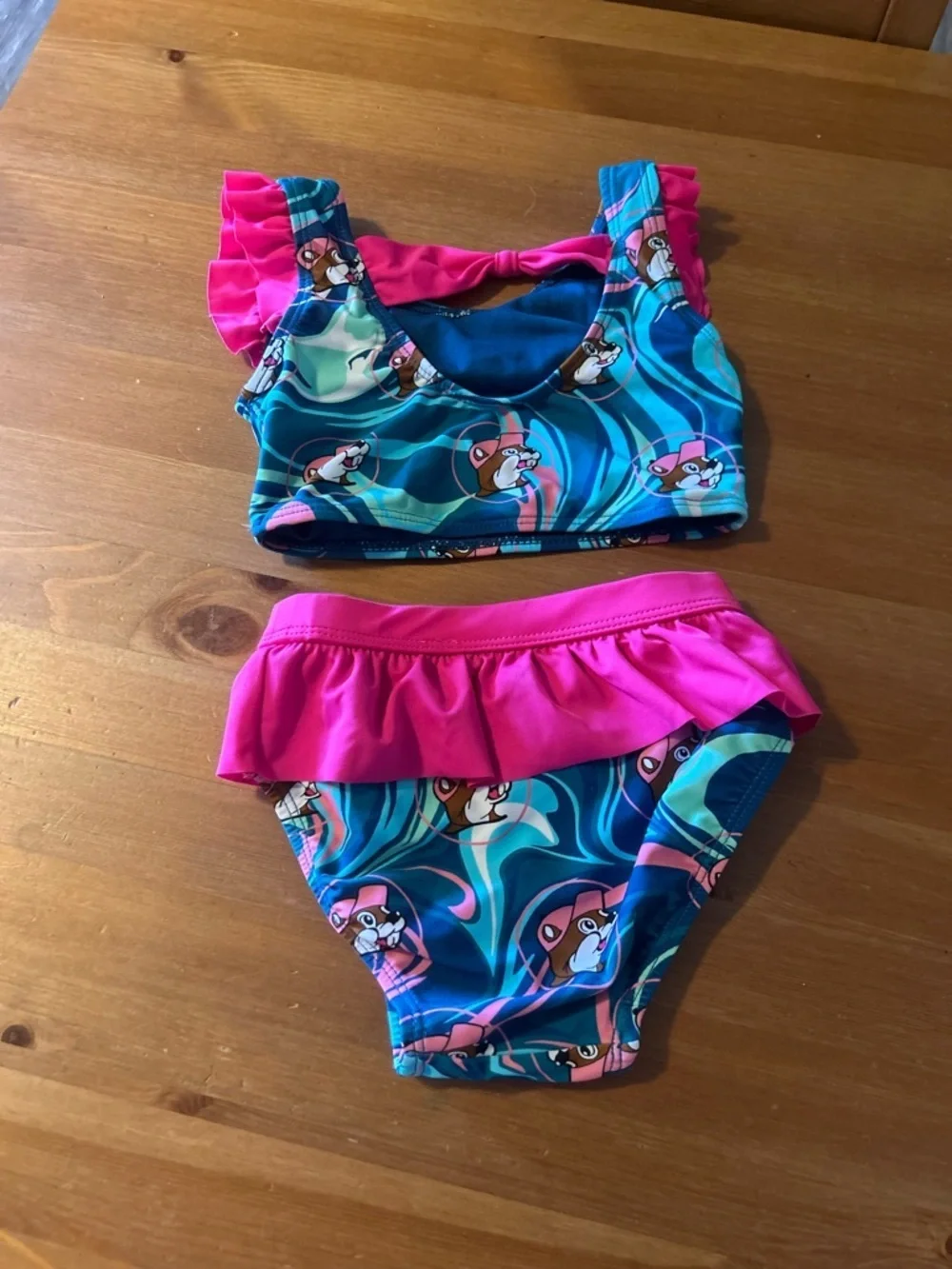 Girls Bucees Two-Piece Ruffle Bikini Swim Set - Teal & Hot Pink 2T